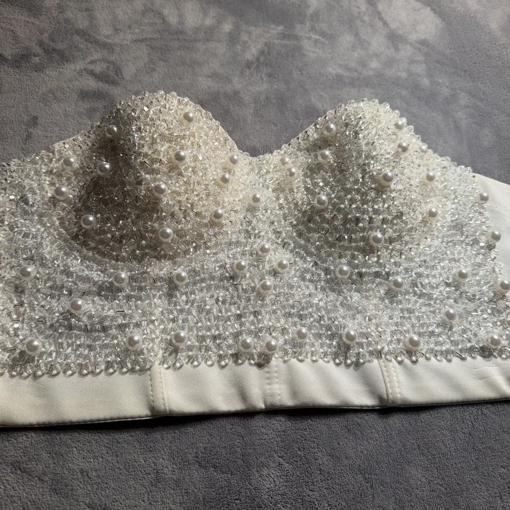 Strapless Pearl & Beaded Bustier Bra in Ivory - Picture 4 of 9